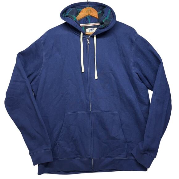 Lands' End Serious Sweats Dark Blue Hooded Plaid Lined Zip Sweatshirt Men XL - Picture 1 of 8